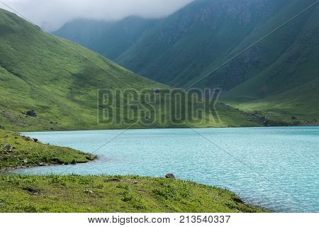 Beautiful mountain lake (grass, highlands, landscape )