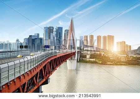 andscape of downtown near water of chongqing in blue sky
