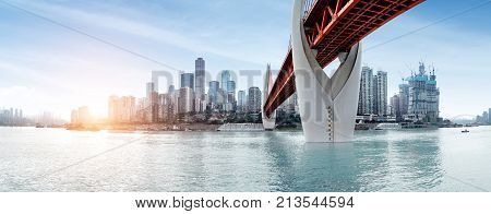 andscape of downtown near water of chongqing in blue sky