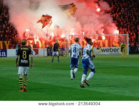 Solna Sweden - Oct 30 2017: Soccer Players From Team Aik And Ifk Gotebork Supporters To The Soccer T