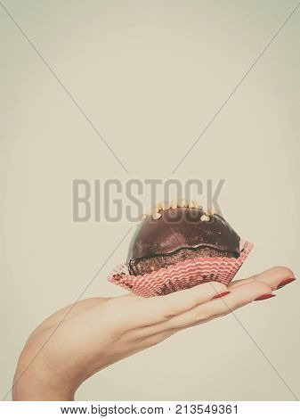 Woman Hand Holding Chocolate Cupcake About To Bite