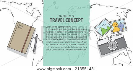 Banner Memories With Camera & Note Book On World Map Backgroundillustration Vector . Travel Concept.