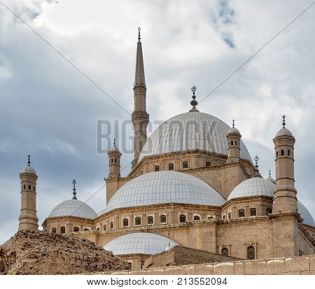 Domes of the great Mosque of Muhammad Ali Pasha (Alabaster Mosque) situated in the Citadel of Cairo Egypt commissioned by Muhammad Ali Pasha 1830 - 1848 one of the landmarks of Cairo