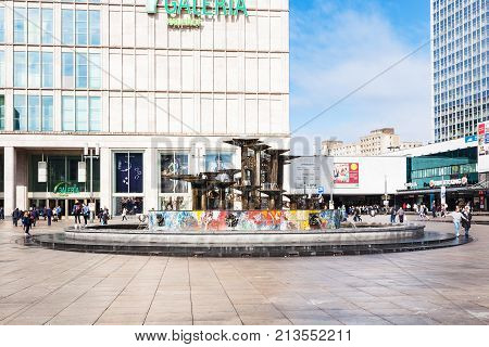 Fountain On Alexanderplatz Square In Berlin