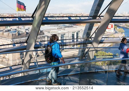 Visitors In Gallery Of Reichstag Dome In Berlin
