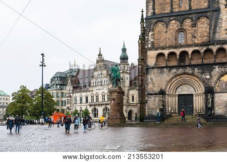 People Near Bismarck Monument And Bremen Cathedral