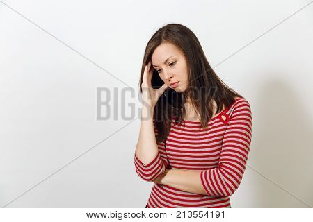 Pretty European Young Worried And Pensive Brown-haired Woman With Healthy Clean Skin, Dressed In Cas