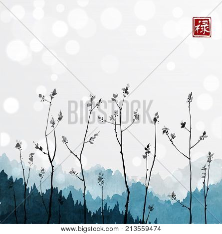 Young tree branches and blue mountains in fog on white glowing background. Traditional oriental ink painting sumi-e, u-sin, go-hua. Hieroglyph - well-being.