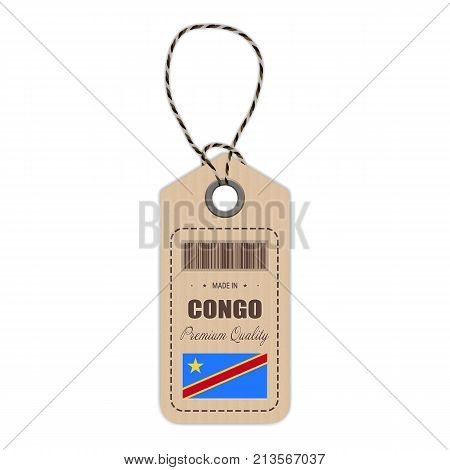 Hang Tag Made In Congo With Flag Icon Isolated On A White Background. Vector Illustration. Made In Badge. Business Concept. Buy products made in Democratic Republic Of The Congo. Use For Brochures, Printed Materials, Logos, Independence Day