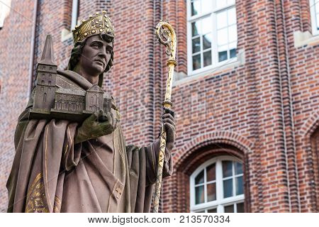 St Ansgar Statue In Hamburg On Trostbrucke Bridge