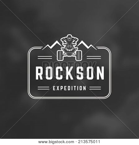 Atv logo emblem vector illustration. Off road mountains expedition, quad bike and man silhouette shirt, print stamp. Vintage typography badge design.