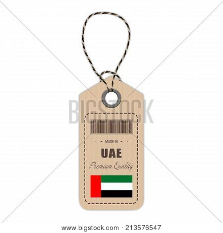 Hang Tag Made In United Arab Emirates With Flag Icon Isolated On A White Background. Vector Illustration. Made In Badge. Business Concept. Buy products made in United Arab Emirates. Use For Brochures, Printed Materials, Logos, Independence Day
