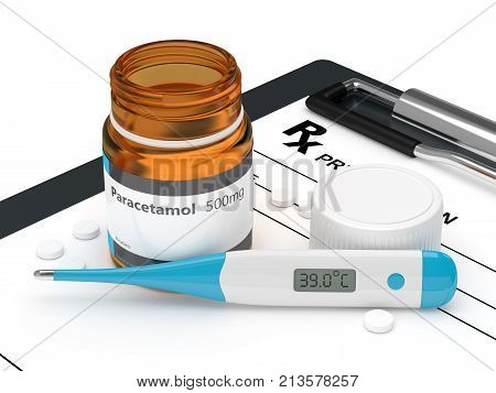 3D Rendering Of Paracetamol Pills With Thermometer