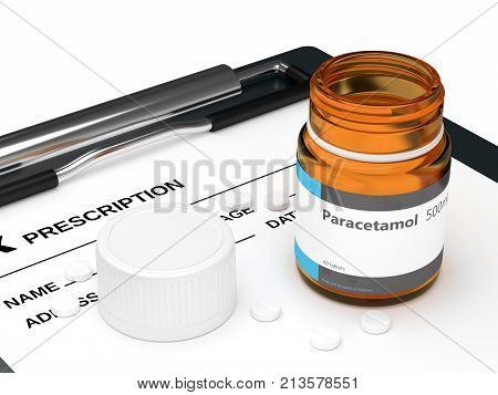 3D Rendering Of Paracetamol Pills Lying On Rx And Clipboard