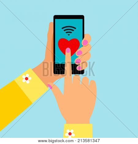 Woman hands holding sellphone and sending red heart, vector illustration