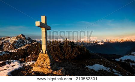 Mountain Panorama From The Summit Where A Cross Is Placed