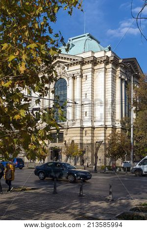 SOFIA, BULGARIA - NOVEMBER 7, 2017: Sunset view of University of Sofia St. Kliment Ohridski, Bulgaria
