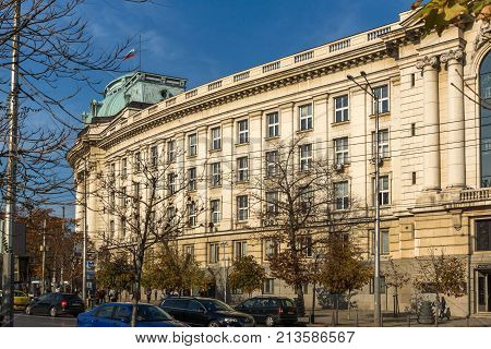 SOFIA, BULGARIA - NOVEMBER 7, 2017: Sunset view of University of Sofia St. Kliment Ohridski, Bulgaria