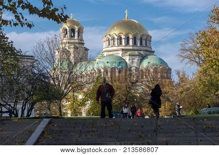 SOFIA, BULGARIA - NOVEMBER 7, 2017: Sunset view of Cathedral Saint Alexander Nevski in Sofia, Bulgaria