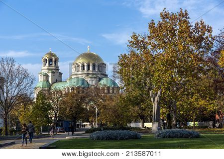 SOFIA, BULGARIA - NOVEMBER 7, 2017: Sunset view of Cathedral Saint Alexander Nevski in Sofia, Bulgaria