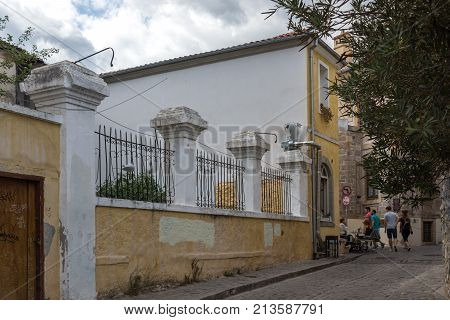 XANTHI, GREECE - SEPTEMBER 23, 2017: Street and old houses in old town of Xanthi, East Macedonia and Thrace, Greece