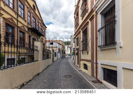 XANTHI, GREECE - SEPTEMBER 23, 2017: Street and old houses in old town of Xanthi, East Macedonia and Thrace, Greece