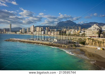 View of the coastline of Old Town and Poniente Beaches Benidorm Alicante Spain