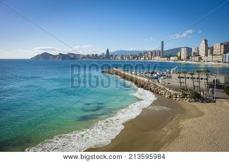 View of the coastline of Old Town and Poniente Beaches Benidorm Alicante Spain
