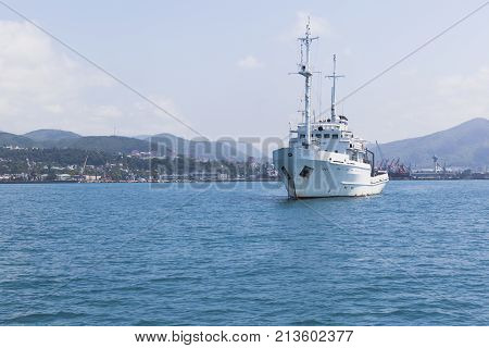 Tuapse, Krasnodar region, Russia - July 8, 2013: Research vessel Rift against the background of Tuapse
