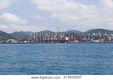 Tuapse, Krasnodar region, Russia - July 8, 2013: Sea port of Tuapse city and from the sea