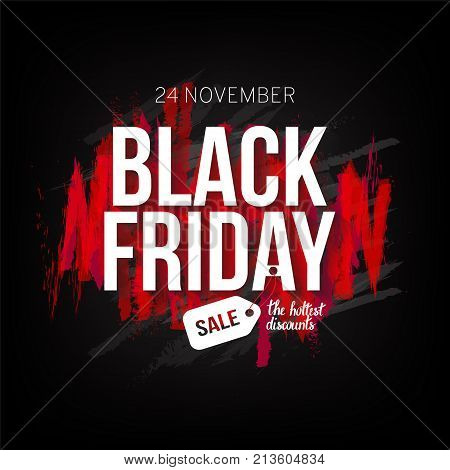 White text on contrast black background with red brush strokes. Vector illustration