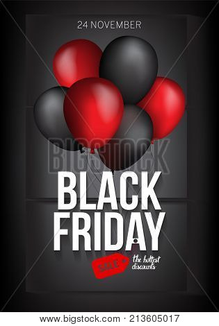 Black and red air balloon on contrast black background. Vector illustration
