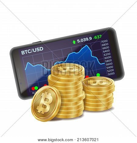 Bitcoin Trading Chart Vector. 3D Coins. Currency Investment Concept. Banking And Money. Trading And Trend. Isolated On White Illustration