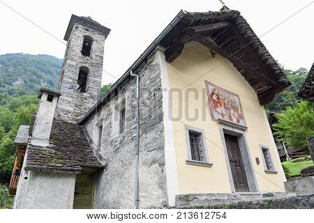 Foroglio, Switzerland - 20 July 2017: The rural church of Foroglio in Bavona valley on the Swiss alps