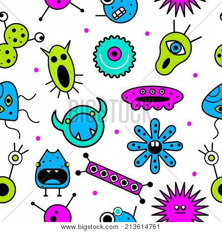 Seamless pattern monsters. Background microbes viruses bacteria. Funny characters. Stock vector
