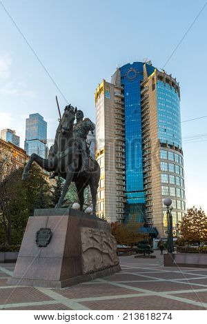 Moscow, Russia -November 2. 2017. Monument to Russian General Bagration before a business center Tower-2000