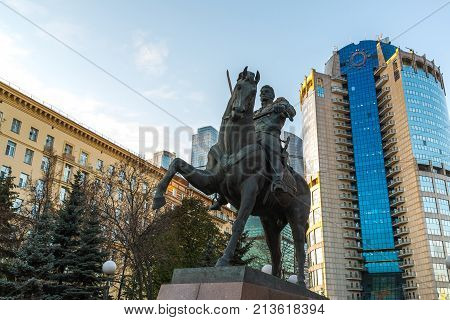Moscow, Russia -November 2. 2017. Monument to Russian General Bagration before a business center Tower-2000