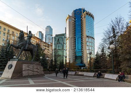 Moscow, Russia -November 2. 2017. Monument to Russian General Bagration before a business center Tower-2000