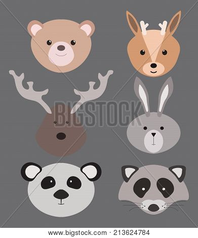 Set of cartoon animals. Illustration for children. Portraits of animals. Masks. Collection of stylized animals.