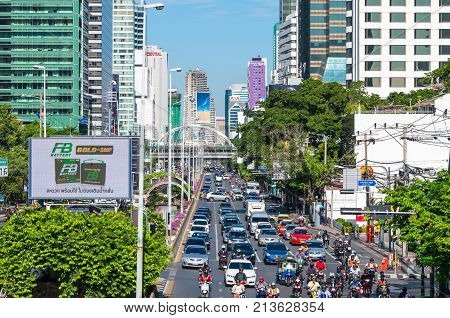 BANGKOK - JUNE 30 2015: Traffic on the sathorn road at the morning as working hour on July 30 2015 in Bangkok Thailand. sathorn business district is the center of bangkok.