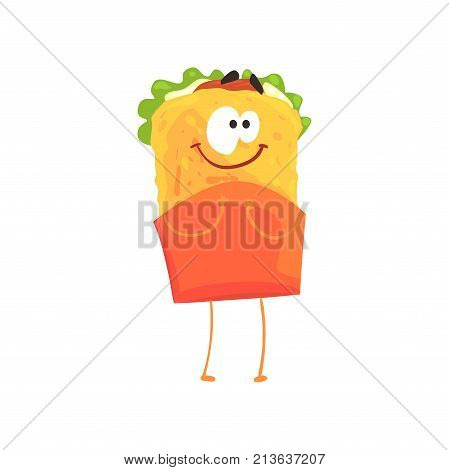 Funny shawarma cartoon fast food character, element for menu of cafe, restaurant, kids food, vector Illustration on a white background