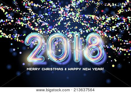 2018 Merry Christmas and Happy new year invitation. Realistic neon glass font with trancparency and shadows and colorful garland