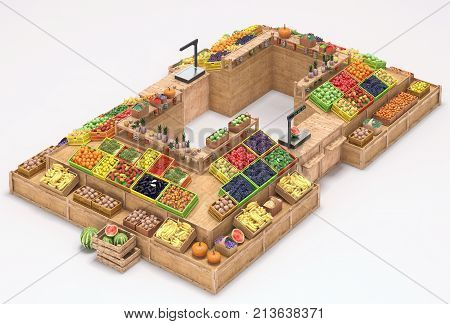 Market stalls with fruits and vegetables, fresh food, Isolated on white background, Fruit display. Banner for vegetable or fruit market, store, trade counter. 3d render