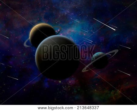 Exosolar planets and meteor shower. 3D rendering.