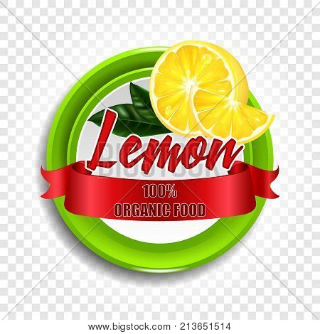 Round label or sticker with the inscription Vector realistic lemons. Illustration with a red ribbon.