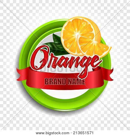 Round label or sticker with the inscription Vector realistic orange. Illustration with a red ribbon.