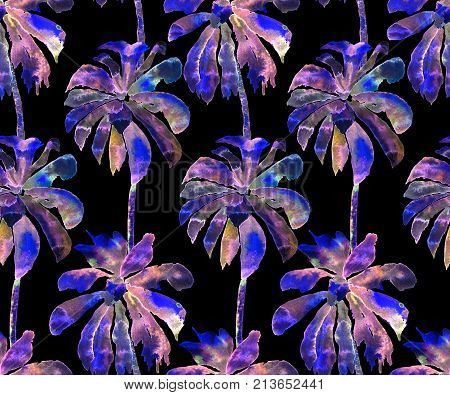 Palm Pattern. Exotic Watercolor Seamless Pattern. Hawaiian Tropical Print. Swimwear Design With Palm Trees. Exotic Leaves Rapport. Watercolor Botanical Seamless Background. Banana and Coconut Trees.