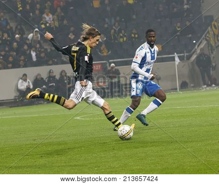 Solna Sweden - Oct 30 2017: Soccer Player Kristoffer Olsson (aik) Shooting The Ball. October 30 2017
