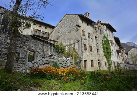 The hill village of Erto in Friuli Venezia Giulia north east Italy. The village is famous locally for having being evacuated when it was heavily damaged as a result of the 1963 Vajont Dam disaster.