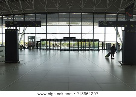 ZAGREB AIRPORT - 24 APRIL 2017: Silhouette of front entrance to airport.
